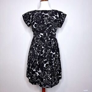 ANNA SUI Midi Short‎ Sleeve Silk Blend Dress 4 Black Floral Fit & Flare Coquette